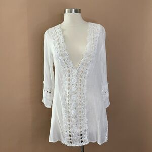 La Blanca White Lace Trim Tunic Top Size XS Sheer V-Neck Boho Beach Cover